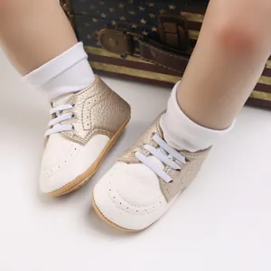 Close-up view of infant walking shoes with soft non-slip sole and lace-up design