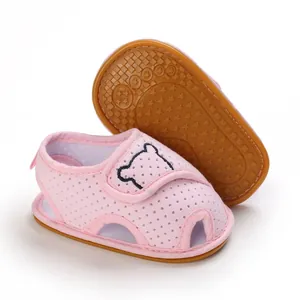 Pink mesh baby sandals with bear embroidery and anti-slip soft rubber soles for summer