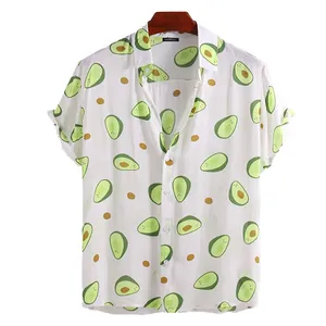 Men Avocado Print Hawaii Short Sleeve Shirt Cotton Button Down Tropical Casual Beach Holiday Summer Fashion White Shirt Top