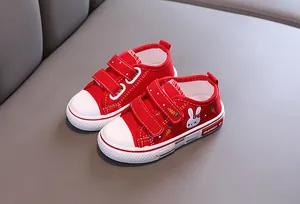Jolies chaussures en toile rouges pour enfants avec motif lapin mignon et sangles velcro