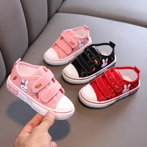 Chaussures en Toile Brodées de Lapin de Dessin Animé pour Enfants Respirantes Semelle Souple Bande Auto-agrippante Baskets Décontractées