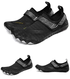 Multi-angle views of black quick-dry outdoor water shoes with mesh upper