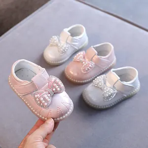 Kleinkind Mädchen Prinzessinnenschuhe Kunstleder Künstliche Perle Strass Schleife Weiche Sohle Baby Lauflernschuhe Klettverschluss Halbschuhe