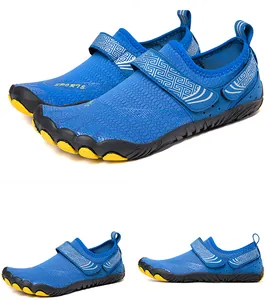 Detailed multi-angle views of blue five-finger outdoor water shoes for hiking.