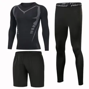Full view of black three-piece men's compression suit including top, leggings and shorts