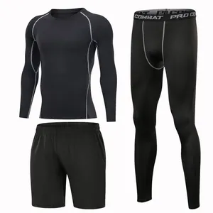 Three-piece men's sports compression set including long sleeve top, leggings and shorts