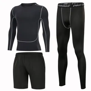 Detailed view of men's black three-piece sports compression set for training and running