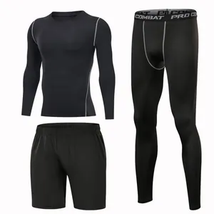 Close-up display of the black men's sports set including compression top, leggings, and shorts