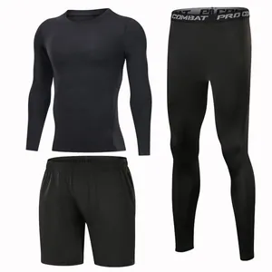 Black men's 3-piece compression fitness set with long sleeve shirt leggings and shorts