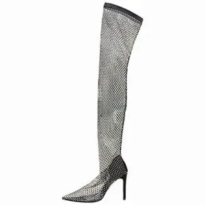 Sexy pointed toe over-the-knee boots with sparkling rhinestones and high stiletto heels