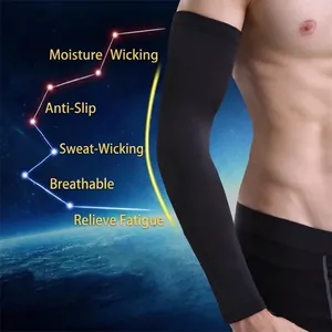 Detail view of black breathable compression sports arm sleeve for outdoor sun protection
