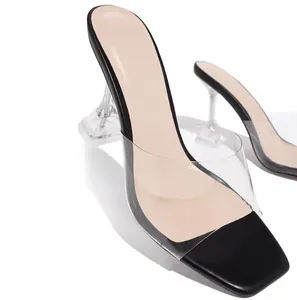 Elegant clear strap high heel sandals with black square toe and wine glass heel