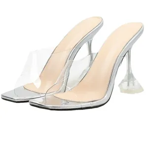 Elegant sexy silver high heel slippers with transparent PVC strap and wine glass heel
