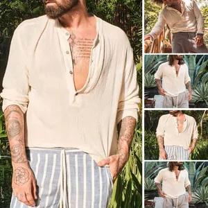 Ανδρικό Πουκάμισο από Τσαλακωμένο Βαμβάκι Henley Όρθιος Γιακάς Μακρύ Μανίκι Casual Χαλαρή Εφαρμογή Τοπ Διακοπών Μόδα
