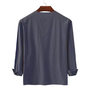 Back view of a casual loose-fit cotton linen long-sleeved shirt for men in navy blue.