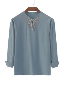 Chemise décontractée en lin à manches longues pour hommes avec col à lacets