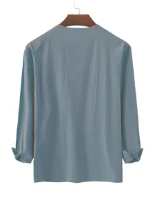 Back view of a casual men's long sleeve cotton linen shirt in muted grayish blue color