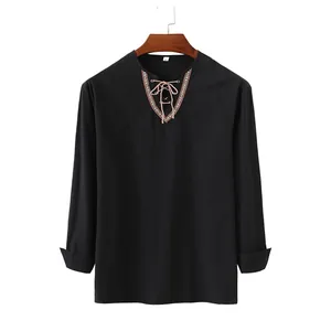 Front view of black cotton linen shirt with lace-up ethnic collar detail