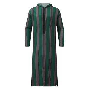 Tunica lunga casual da uomo con cappuccio e stampa a righe verticali verde e grigio