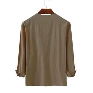 Back view of a men's loose-fitting solid color cotton linen long sleeve shirt in khaki