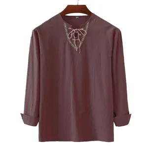 Loose fit mauve cotton linen shirt for men featuring a lace-up V-neck design and long sleeves