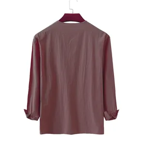 Back view of a casual loose solid color cotton linen men's shirt in mauve finish