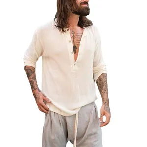 Ανδρικό χαλαρό μπεζ βαμβακερό πουκάμισο με μακριά μανίκια και λαιμόκοψη τύπου Henley