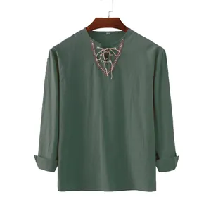 Green cotton linen long sleeve shirt with ethnic embroidery and lace-up neck