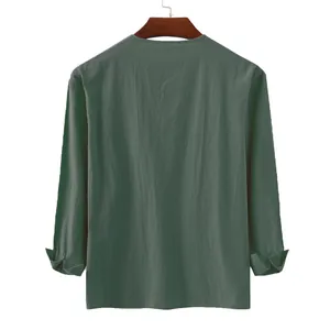 Back view of a minimalist dark green cotton linen men's long-sleeve loose shirt