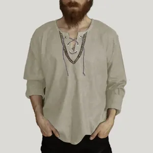 Casual men's loose cotton linen shirt with drawstring V-neck and long sleeves