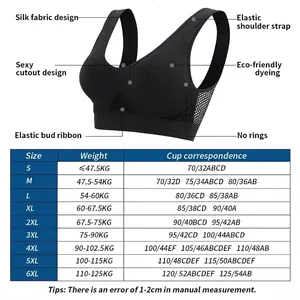 Black breathable mesh sports bra with detailed size chart for yoga and gym
