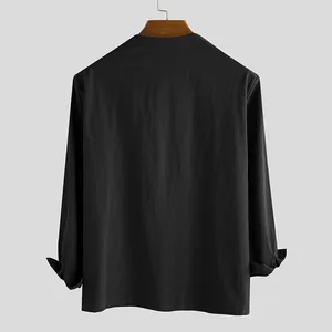 Chemise homme décontractée en coton et lin noir avec col mao et manches longues sobres