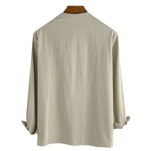 Back view of a loose men's long-sleeve cotton linen shirt in light beige