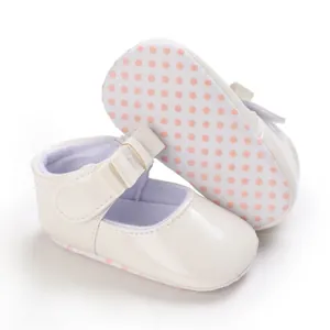 Cream white infant princess pre-walker shoes with pink polka dot soft soles and bow