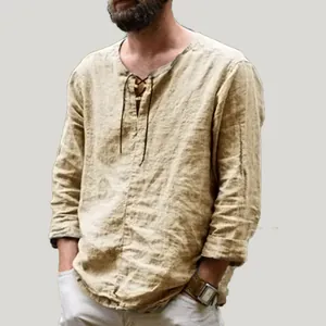 Detail view of men's casual linen shirt showing lace-up neck and textured fabric