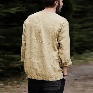 Back view of men's casual mustard yellow cotton linen shirt with relaxed fit texture