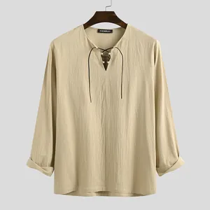 Front view of men's loose cotton linen shirt with drawstring V-neck in beige color