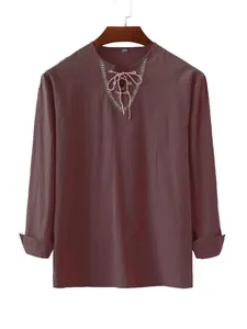 Chemise homme ample en coton lin à cordon mauve avec broderie ethnique