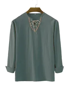 Chemise décontractée en coton et lin pour homme en bleu-vert foncé avec col à lacets