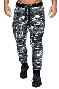 Men's grey camouflage joggers featuring pleated knee design and adjustable drawstring.