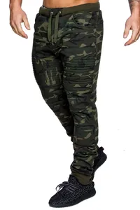 Detail view of men's camouflage jogger pants showing ribbed knee stitching and fitted ankle cuff