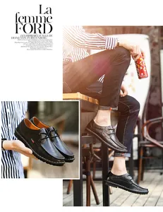 Detail of men's hand-stitched casual black leather loafers with lace-up design