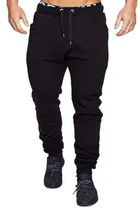 Men's black moto joggers with pleated knee panels and drawstring elastic waist