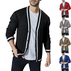 Cardigan in Maglia a Trecce da Uomo Colore a Contrasto Scollo a V Acrilico Bottoni Anteriori Manica Lunga