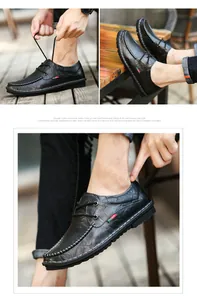 Detail view of men's hand-stitched black leather casual shoes with fashion label