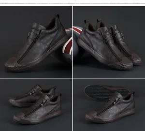 Vierfachansicht brauner Herren-Freizeitschuhe mit Reißverschluss und Profilsohlen.