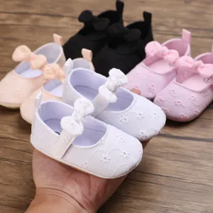 Zapatos de princesa para bebé con suela blanda, bordado floral y lazo para 0-1 años