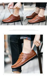 Close-up of men's brown leather casual shoes with hand-stitched details
