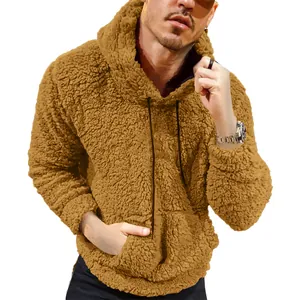 Cozy men's brown teddy fleece hoodie with adjustable drawstring and front pocket