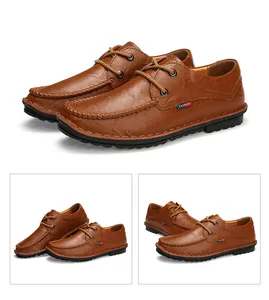 Detailed view of brown men's casual leather shoes with elegant handmade stitching